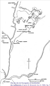 Plan schématique de Pasargades localisant les monuments visibles en surface.