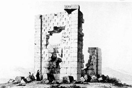 La tour appelée depuis le Moyen-Âge Zendan-i Solaiman, dessin Flandin et Coste, Voyage en Perse, vol. IV, pl. 200.
