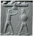 Warfare scene: Spearman in combat with a Greek hoplite