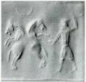 Hunting scene: Dismounted (nomadic) horseman and two crossed horses